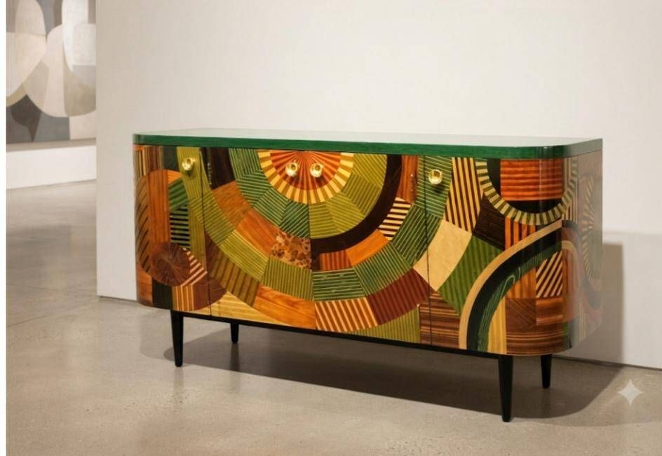 A beech wood Art Deco sideboard with polychrome marquetry.