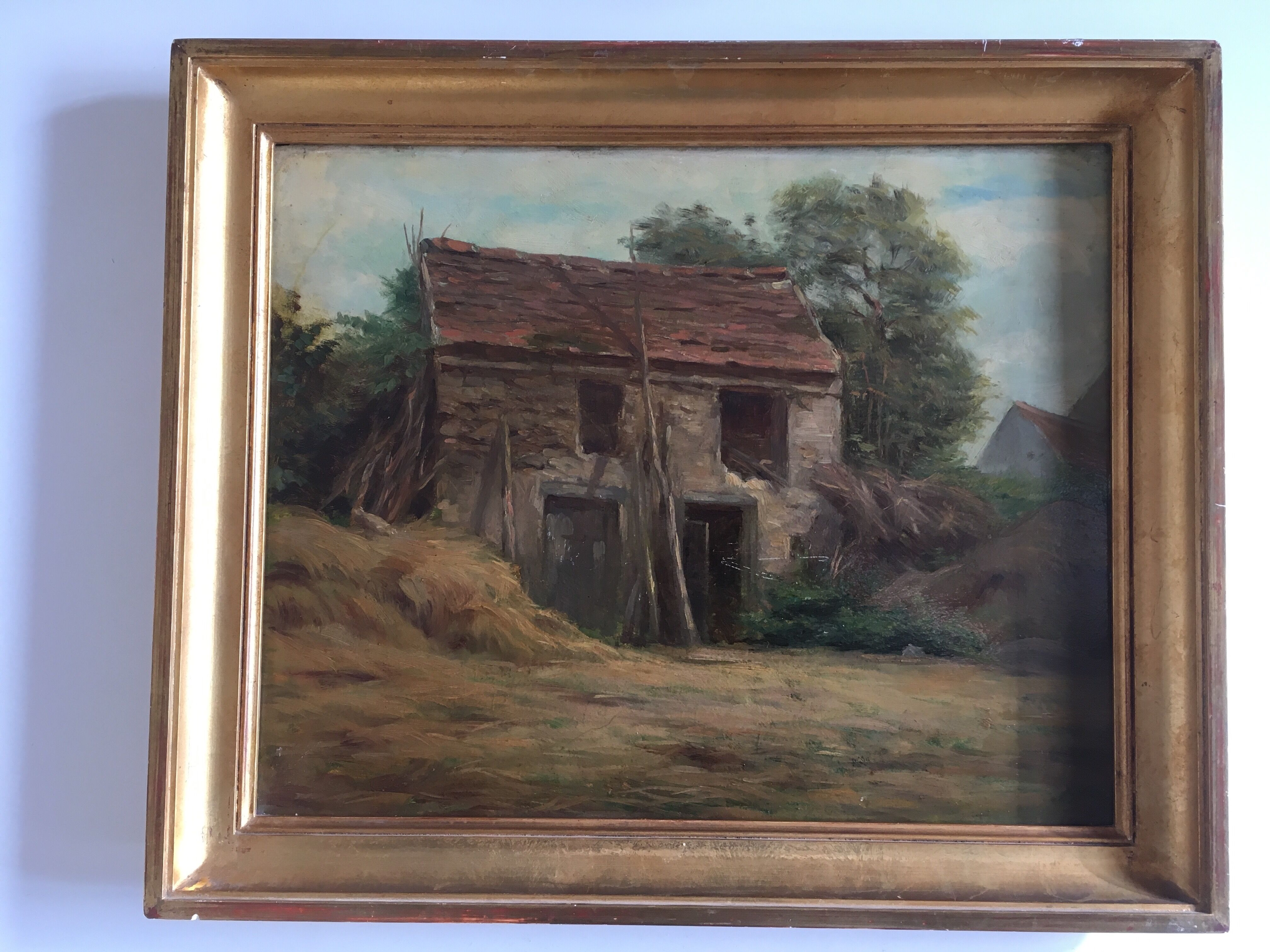 Ferme XIXe huile sur bois cadre bois doré
