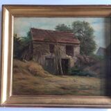 Ferme XIXe huile sur bois cadre bois doré