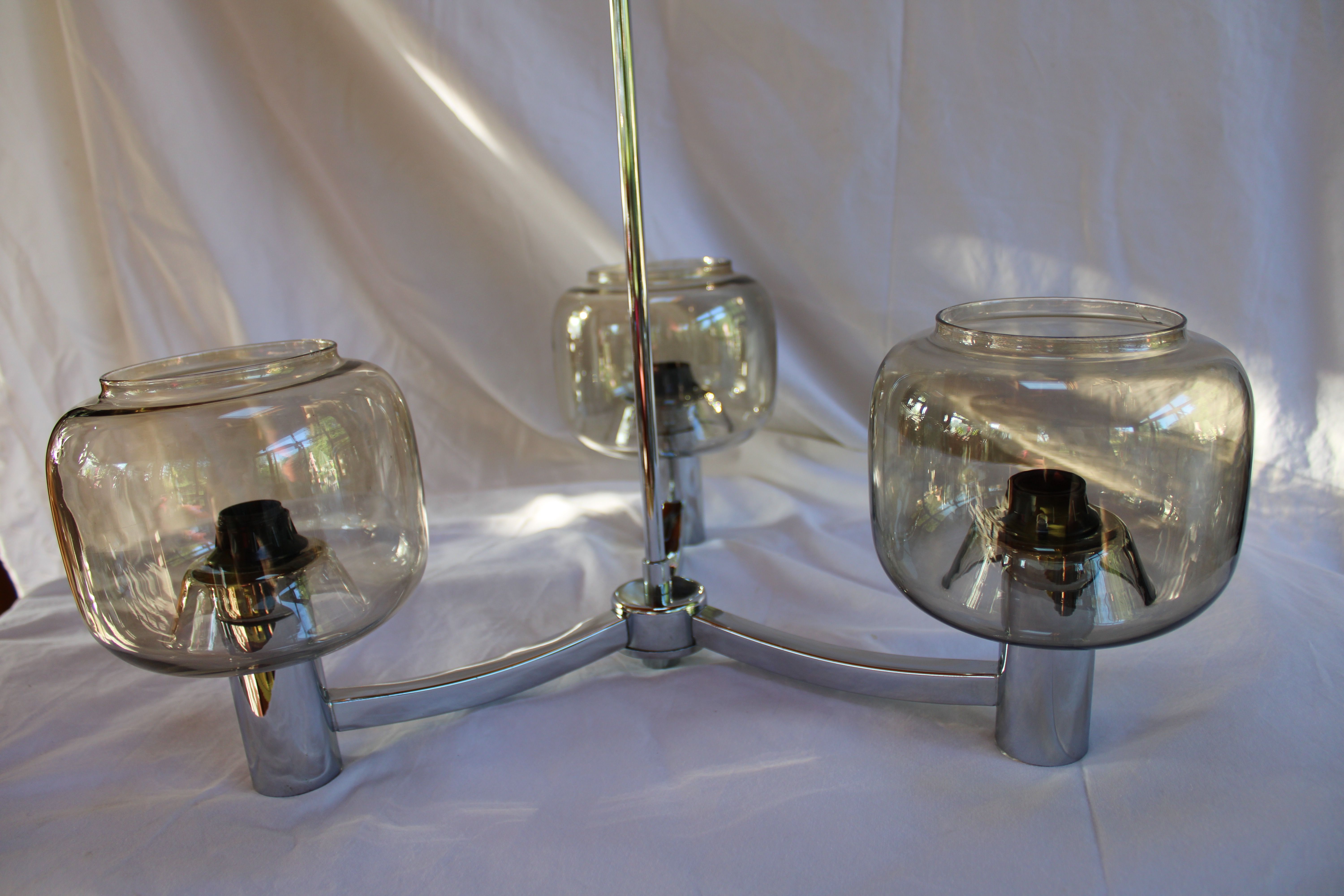 Chrome metal chandelier 3 vintage smoky glass globes