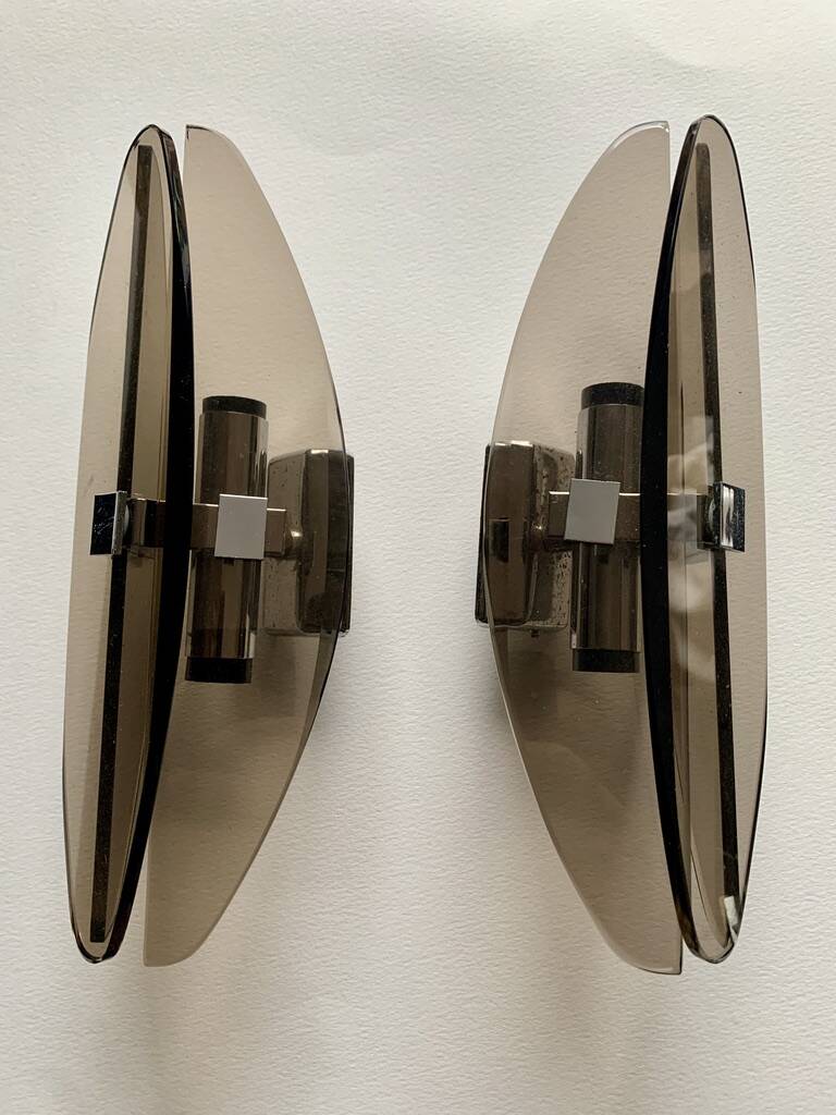 Pair of vintage wall lights 1970 smoked glass and chrome metal veca