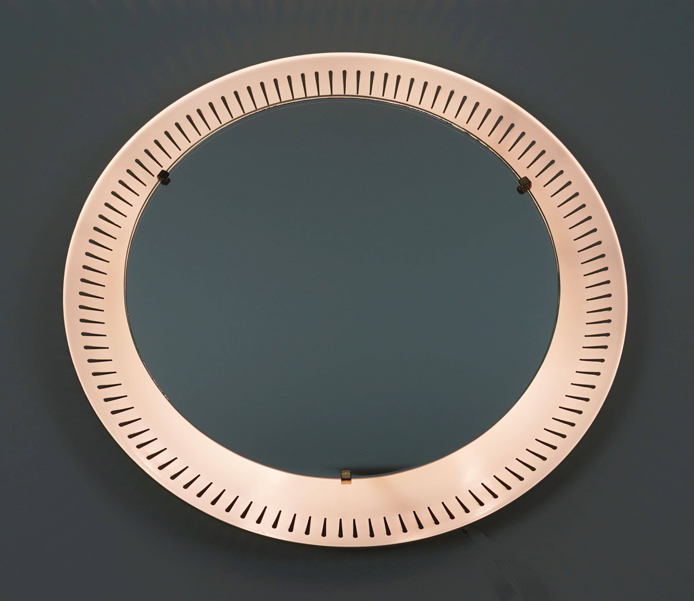 round mid century modern illuminated WALL MIRROR with metal frame 1950s