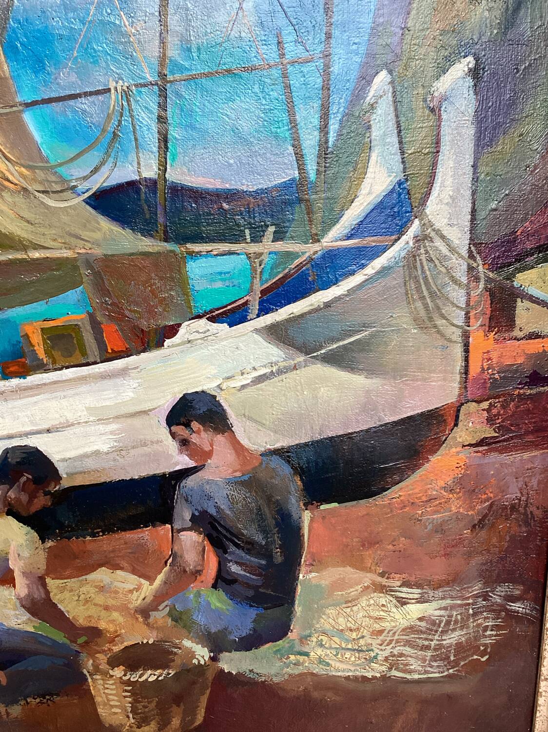 Surrealist oil on canvas Robert Degenève Belgian fishing boats