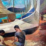 Surrealist oil on canvas Robert Degenève Belgian fishing boats