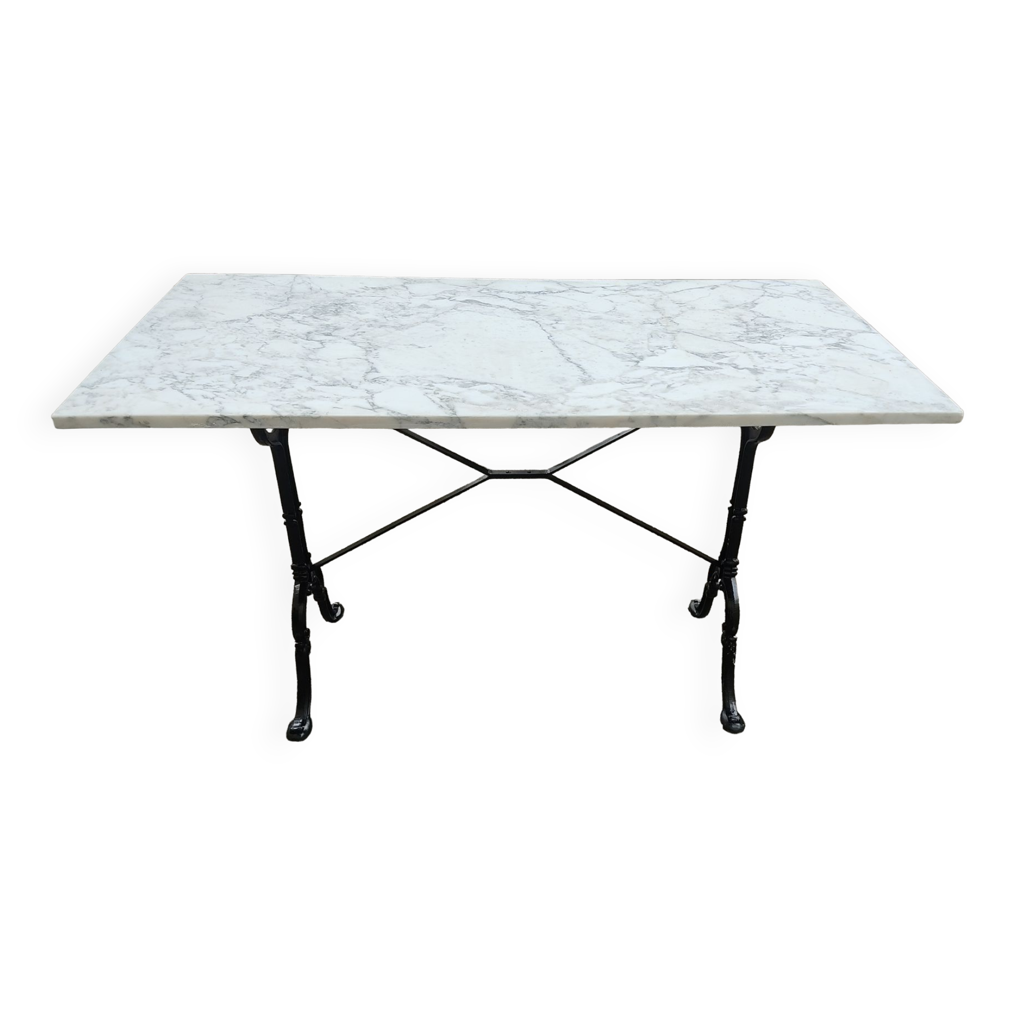 Table bistrot en marbre, piètement en fonte signé Godin, L 120 cm, made in France !
