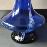 Long flared neck ball vase. Smoked scrolls in cobalt blue art glass, 30cm