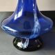 Long flared neck ball vase. Smoked scrolls in cobalt blue art glass, 30cm