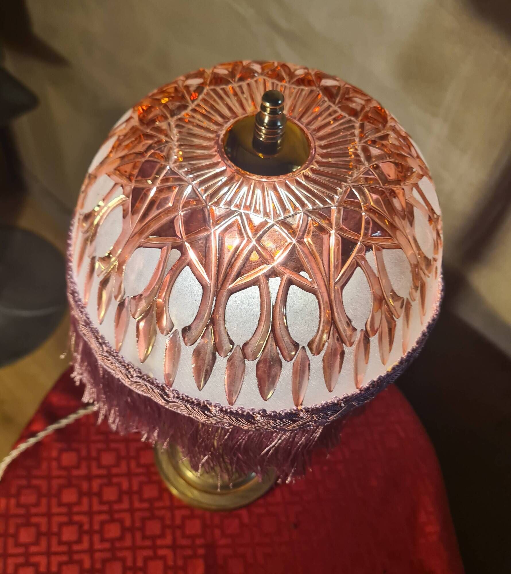 brass column lamp, worked brass from 1880 with cut glass dome, 45x22, superb