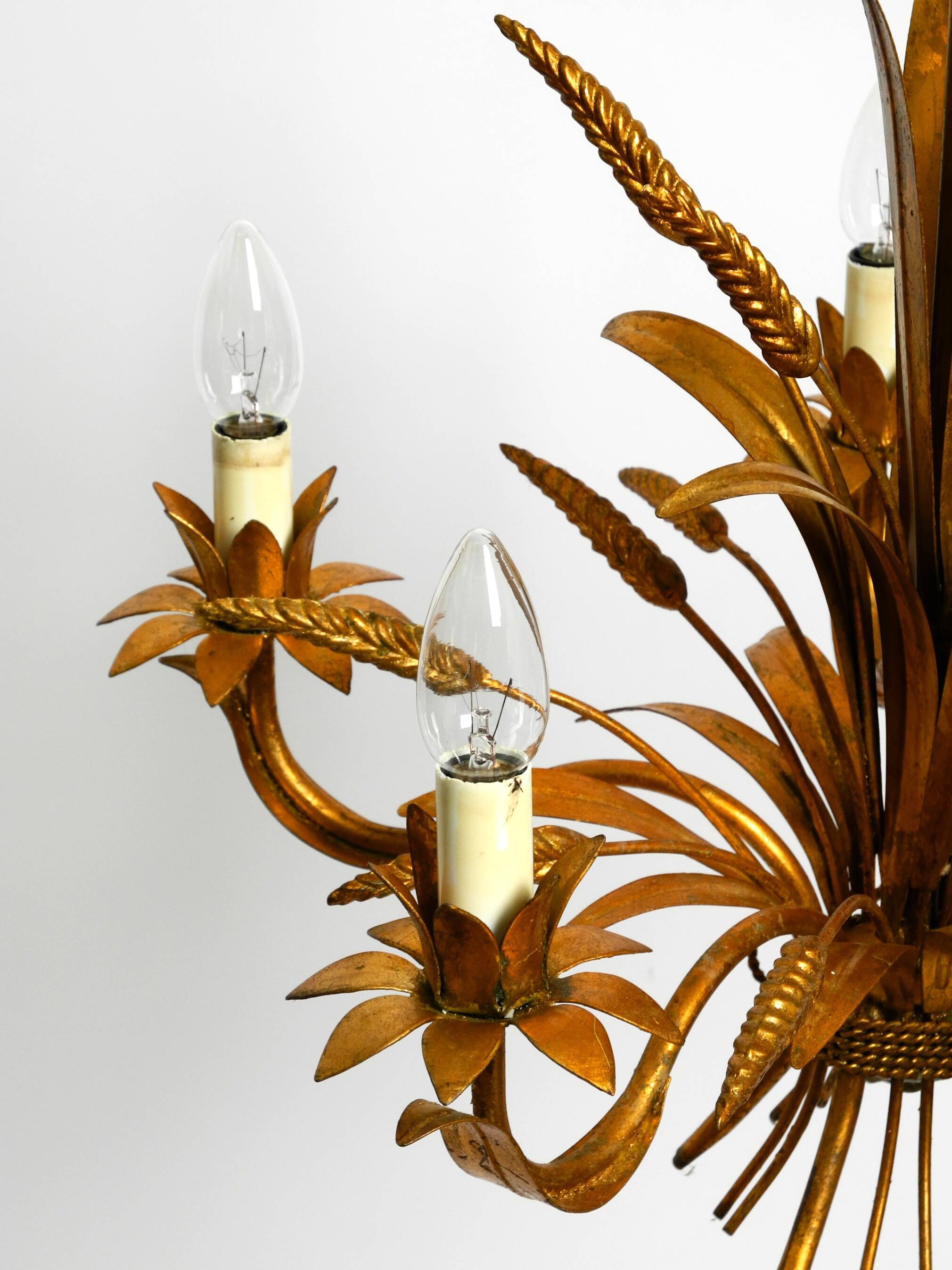 Beautiful 1970s gold-plated 5-arm tall metal chandelier by Hans Kögl