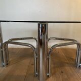 Table basse chrome et verre fumé ovale années 70