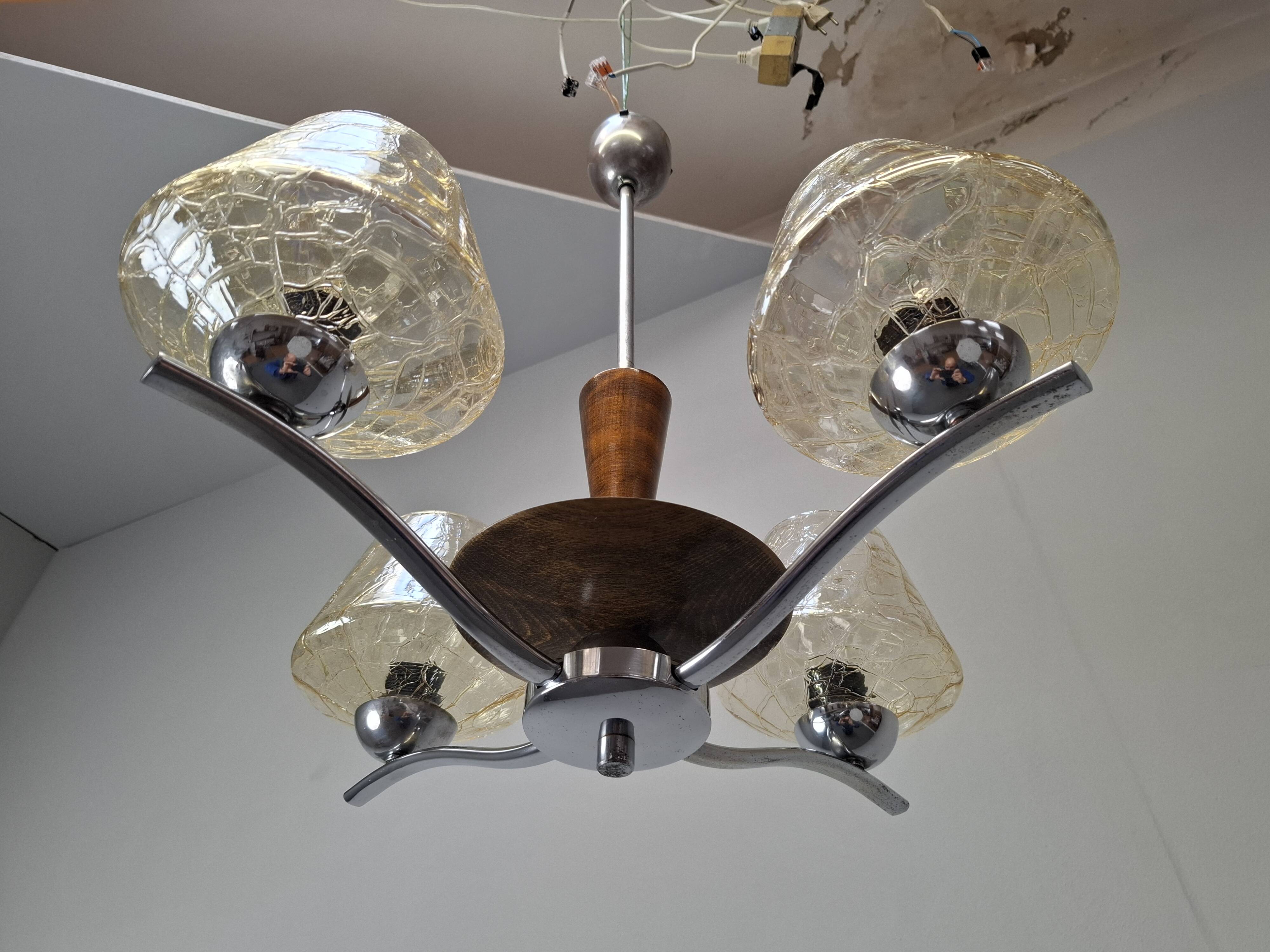 1960s Napako Mid-Century Modern Czech Four-Arm Glass Wood Chrome Chandelier