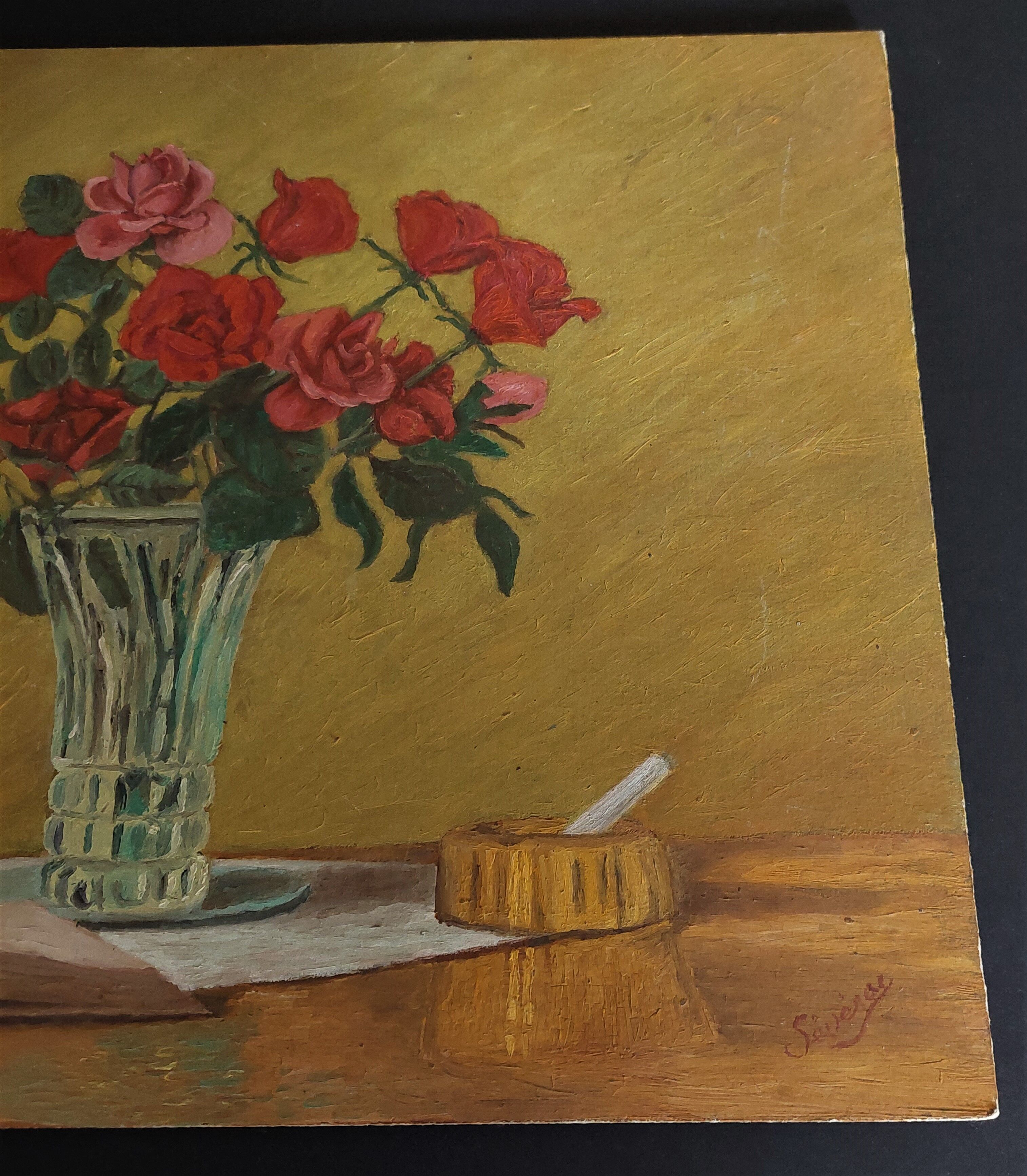 Oil on cardboard table bouquet of flowers