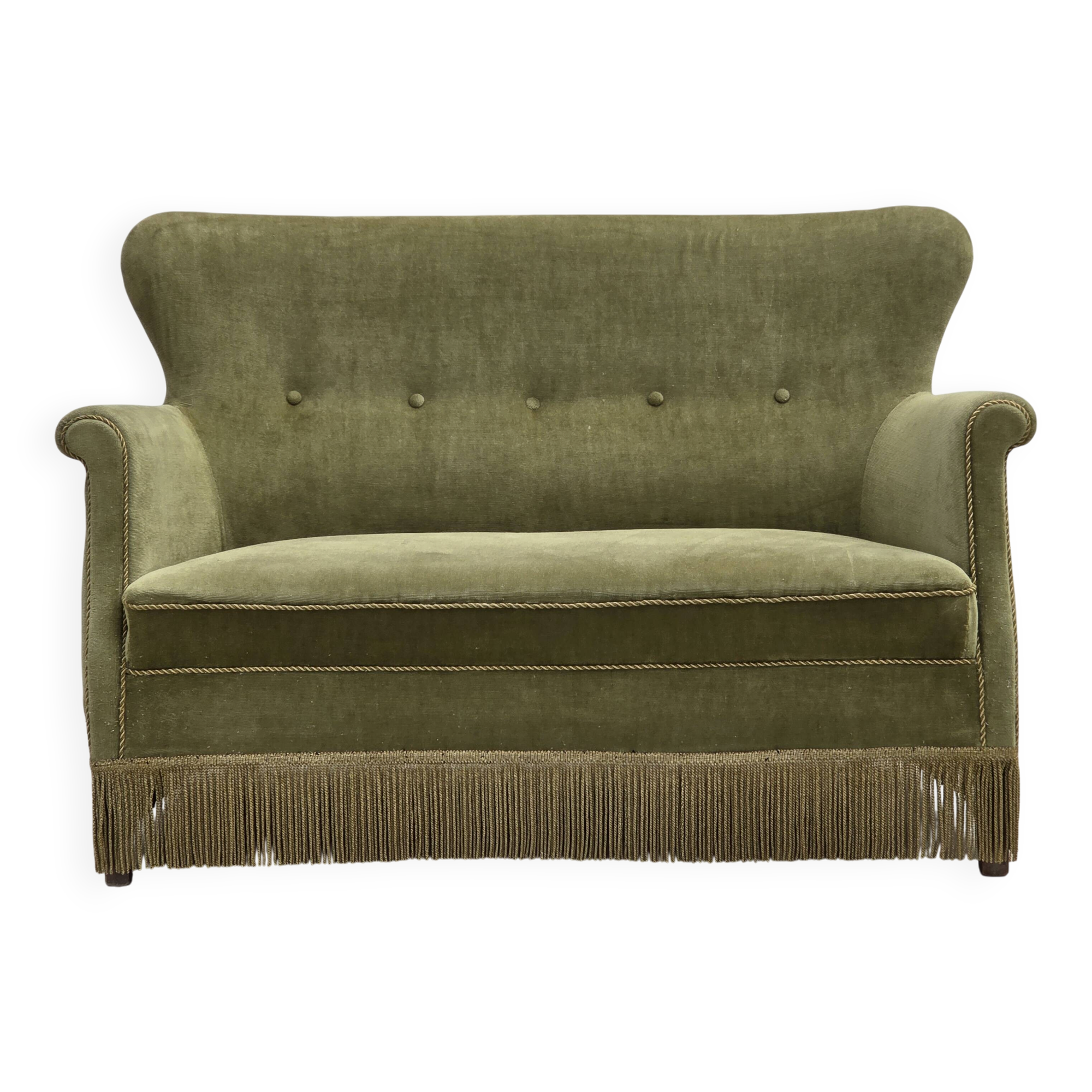 Canapé 2 places danois des années 1970, velours de mobilier vert clair.