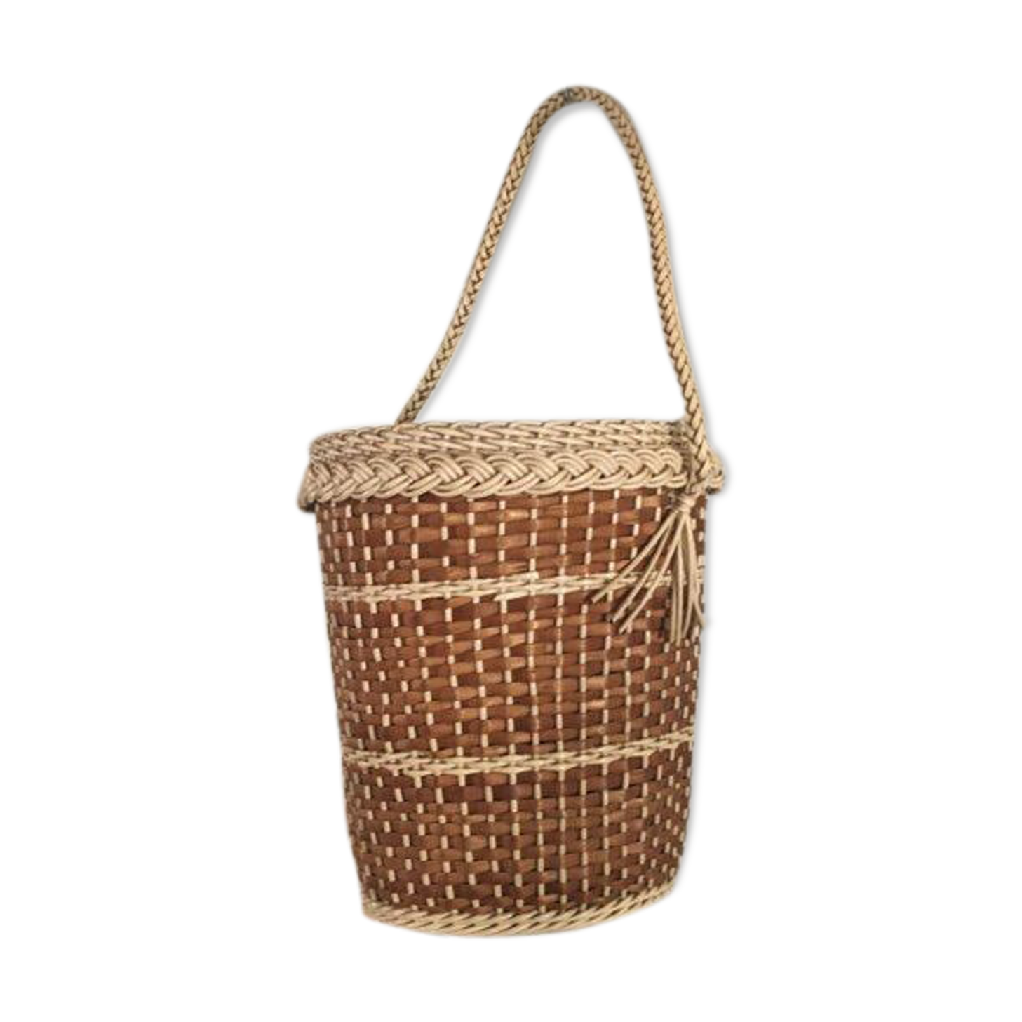 Hanging wicker and scoubidou 1960s hang-stash.