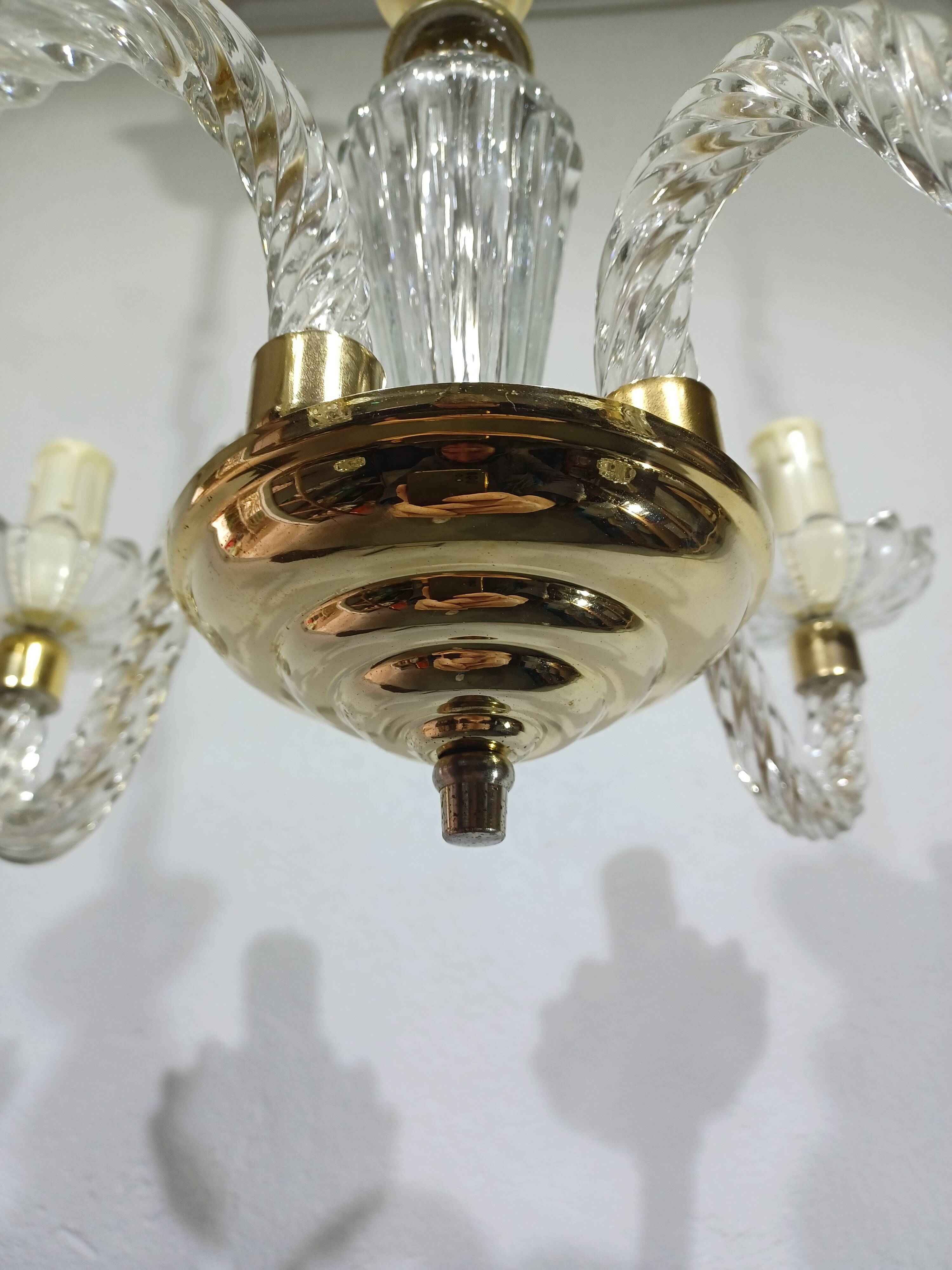 4-light glass and brass chandelier