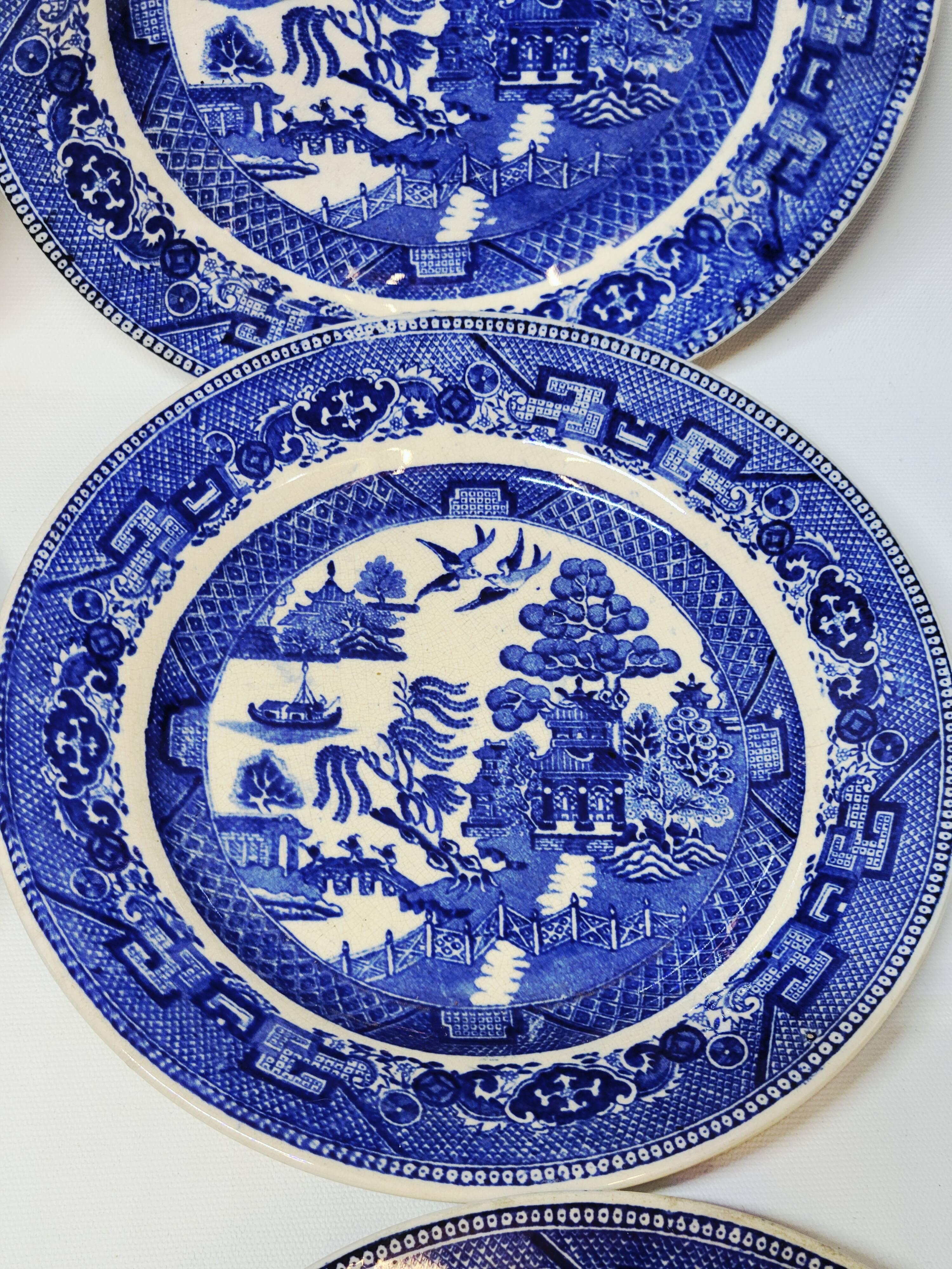 9 Antique Plates 19th Century Blue Willow Pattern Chinese Blue Decor