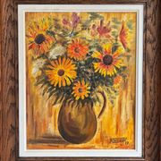 Tableau : huile sur toile - nature morte au bouquet de fleurs
