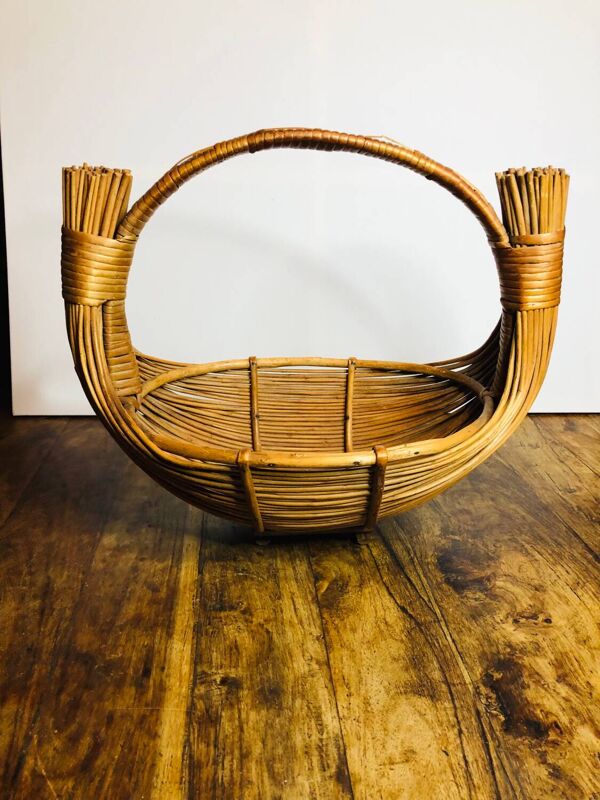 Grand panier osier Rotin design 1950