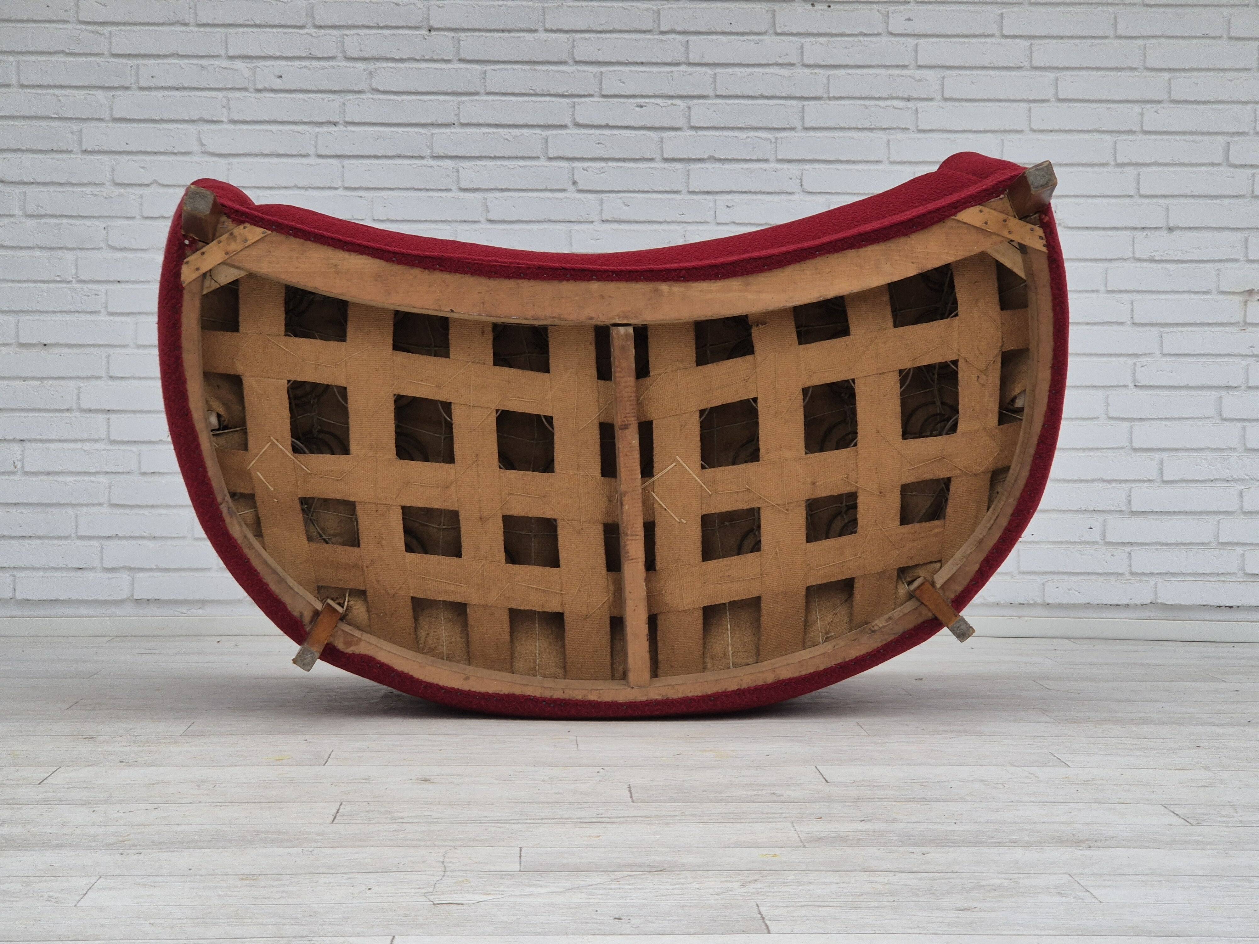 1960s, Danish 2-seater curved sofa, original red furniture fabric.