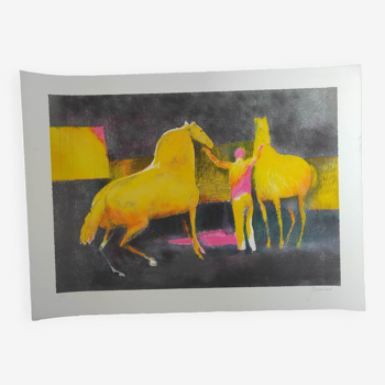 Les chevaux jaunes - lithographie originale signée à la main - Paul Guiramand