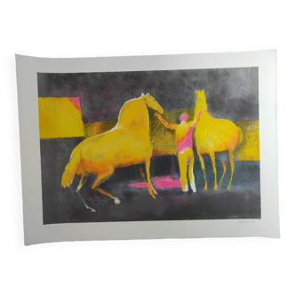 Les chevaux jaunes - lithographie originale signée à la main - Paul Guiramand