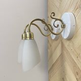 Pair of brass swan neck wall lights with white opaline glass tulip