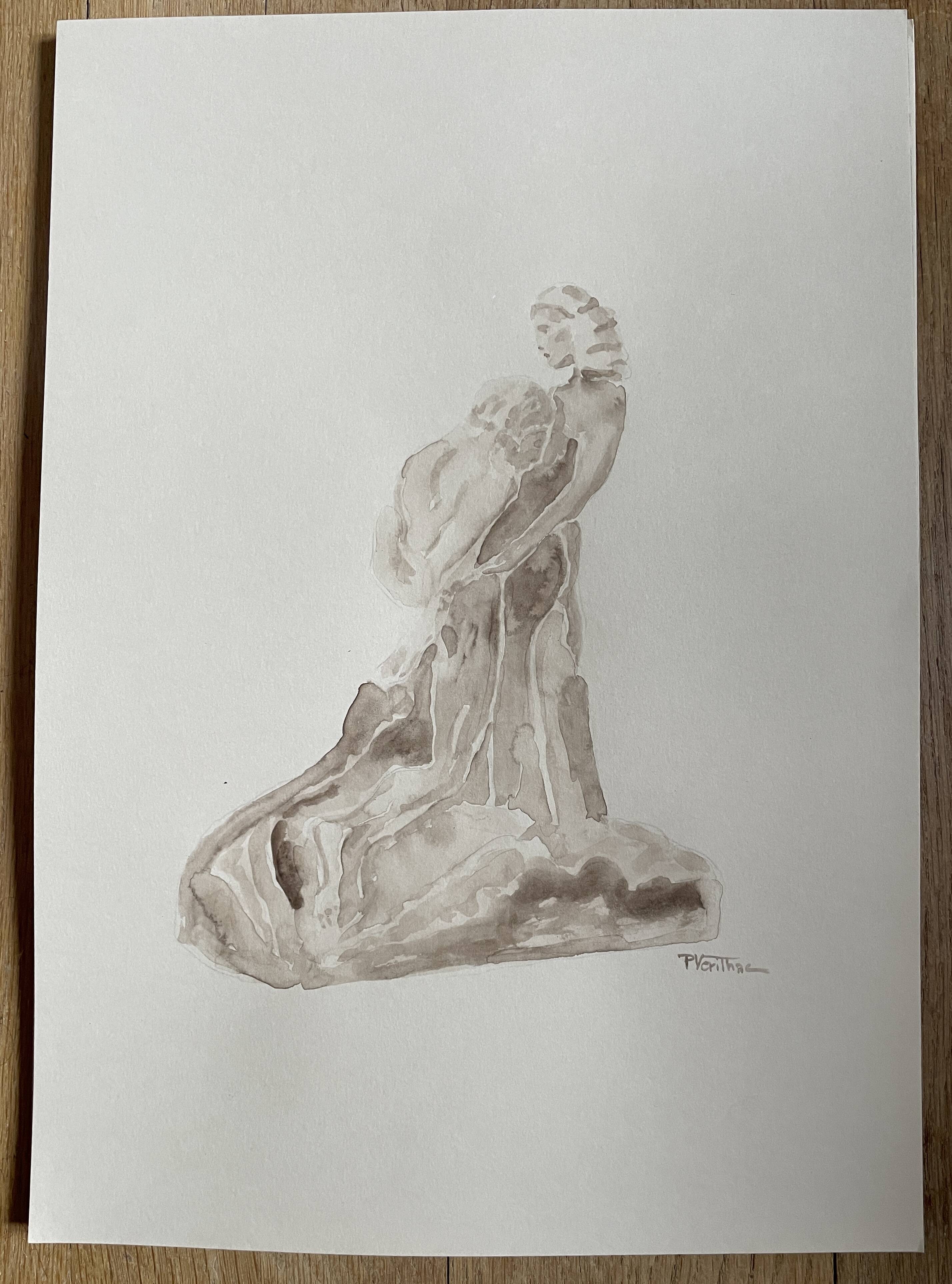 Painting signed sepia monochrome watercolor study of the statue “the eternal idol of Rodin”