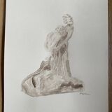 Tableau signé aquarelle monochrome sépia étude de la statue  « l'éternelle idole de Rodin »