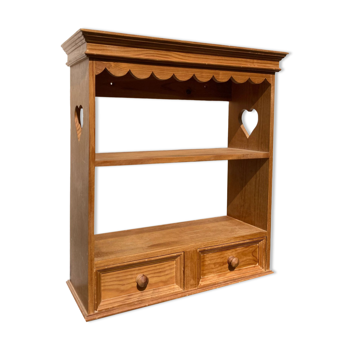 Wall shelf in raw wood with drawers and openwork hearts