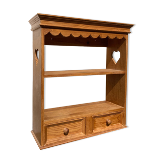 Wall shelf in raw wood with drawers and openwork hearts