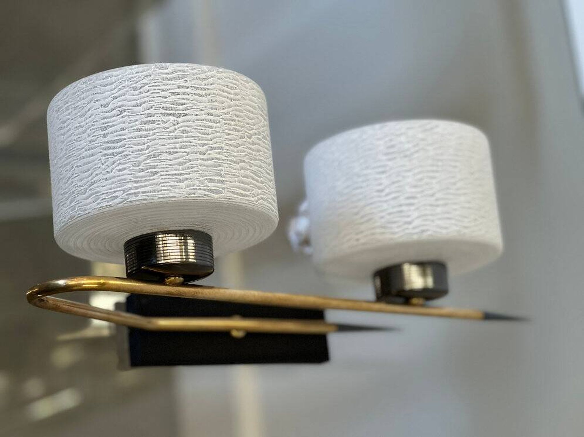 Pair of vintage 1960s wall lamps, Paris chic brass and textured glass sconces