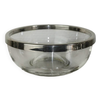small glass bowl & silver metal rim