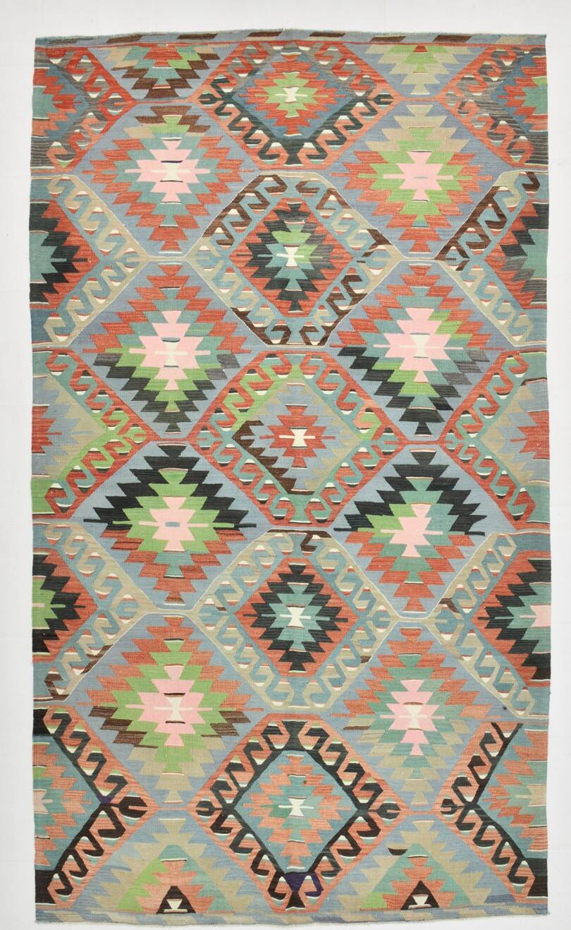Kilim vintage tons verts et roses,motifs géométriques anatoliens,181x315 Cm