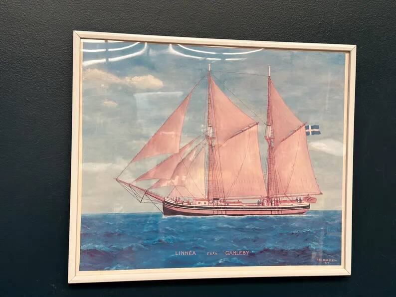 Swedish original print on paper – "Boat at Sea" by Egil Bergström – Signed – vintage and framed – 60.5 × 50.5 cm (23.8 in × 19.8 in)