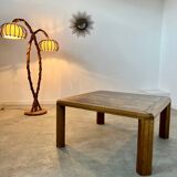 Ancienne table basse plateau marbre doré design années 70 pieds bois vintage