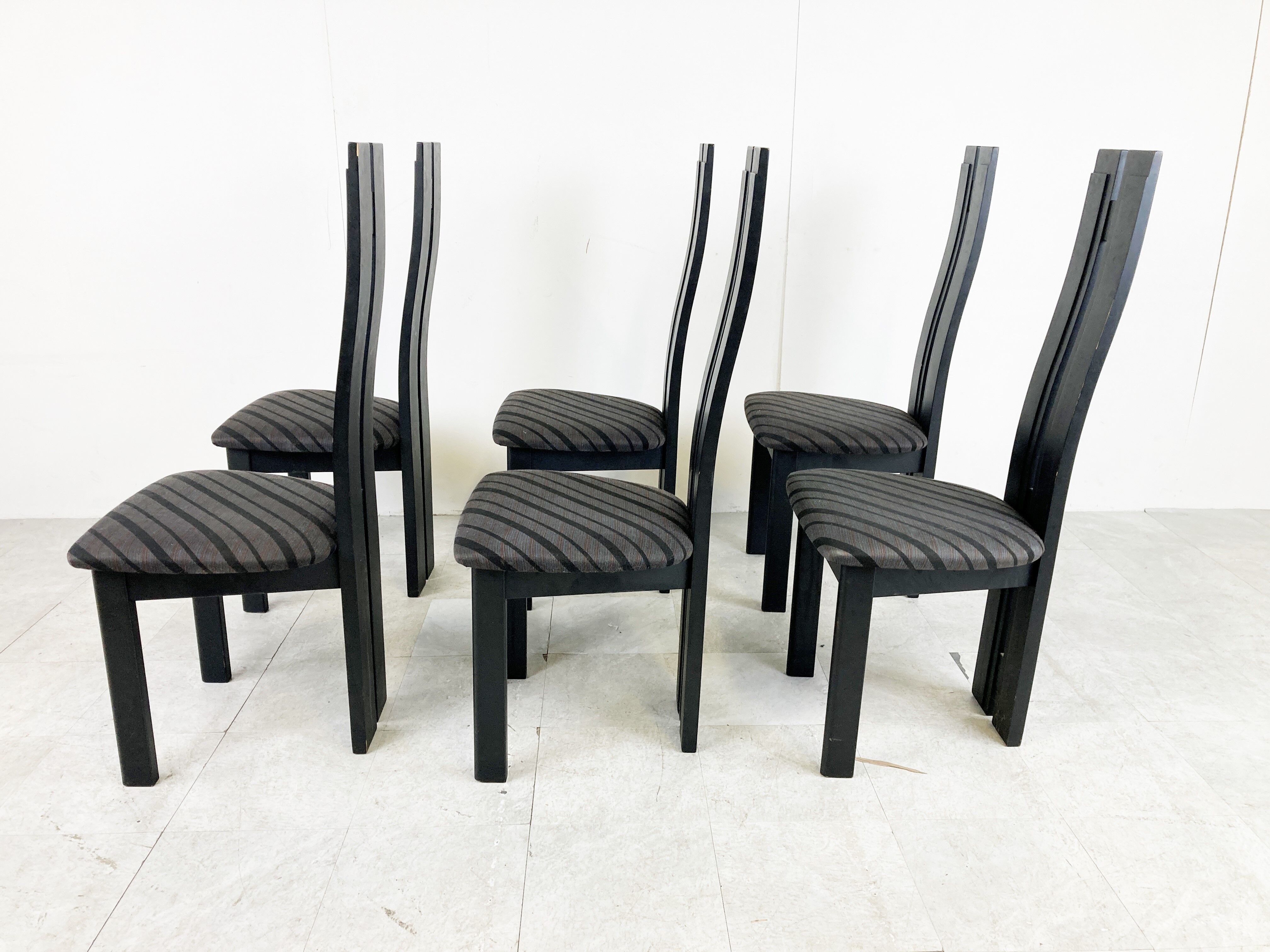 Set of 6 black wooden high back dining chairs - 1980s
