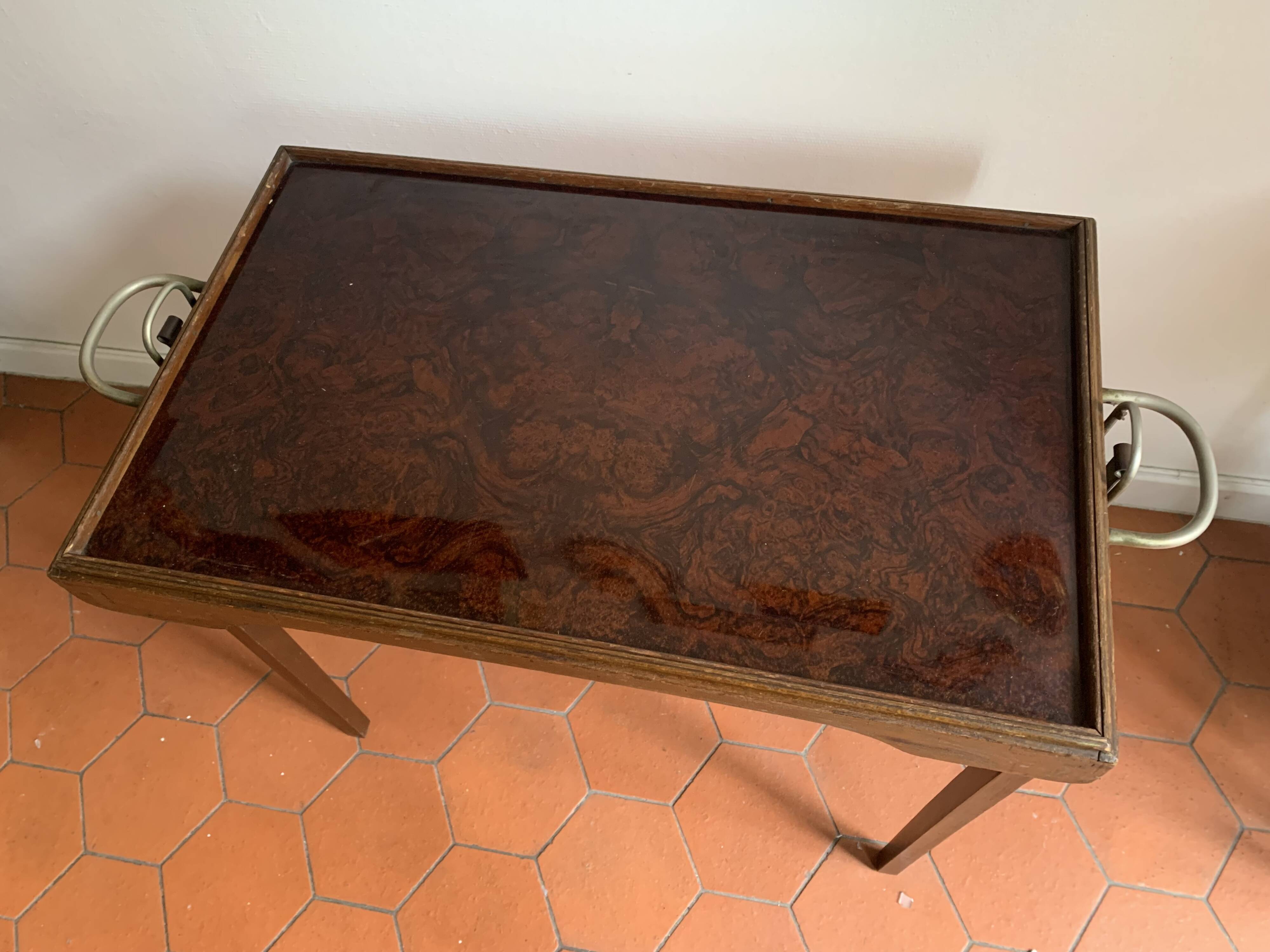 Folding table top in wood and tuya burl, 1930/40, brand "Platotable"