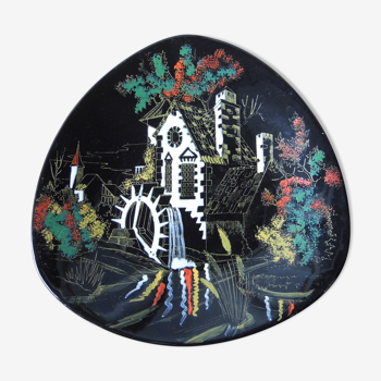 "Wheel Mill" décor plate in earthenware, Longwy enamels, 60s/70s Vintage