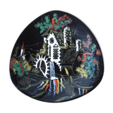 "Wheel Mill" décor plate in earthenware, Longwy enamels, 60s/70s Vintage