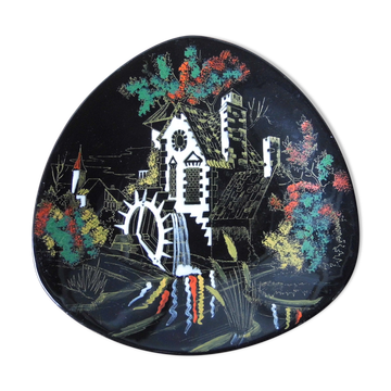 "Wheel Mill" décor plate in earthenware, Longwy enamels, 60s/70s Vintage