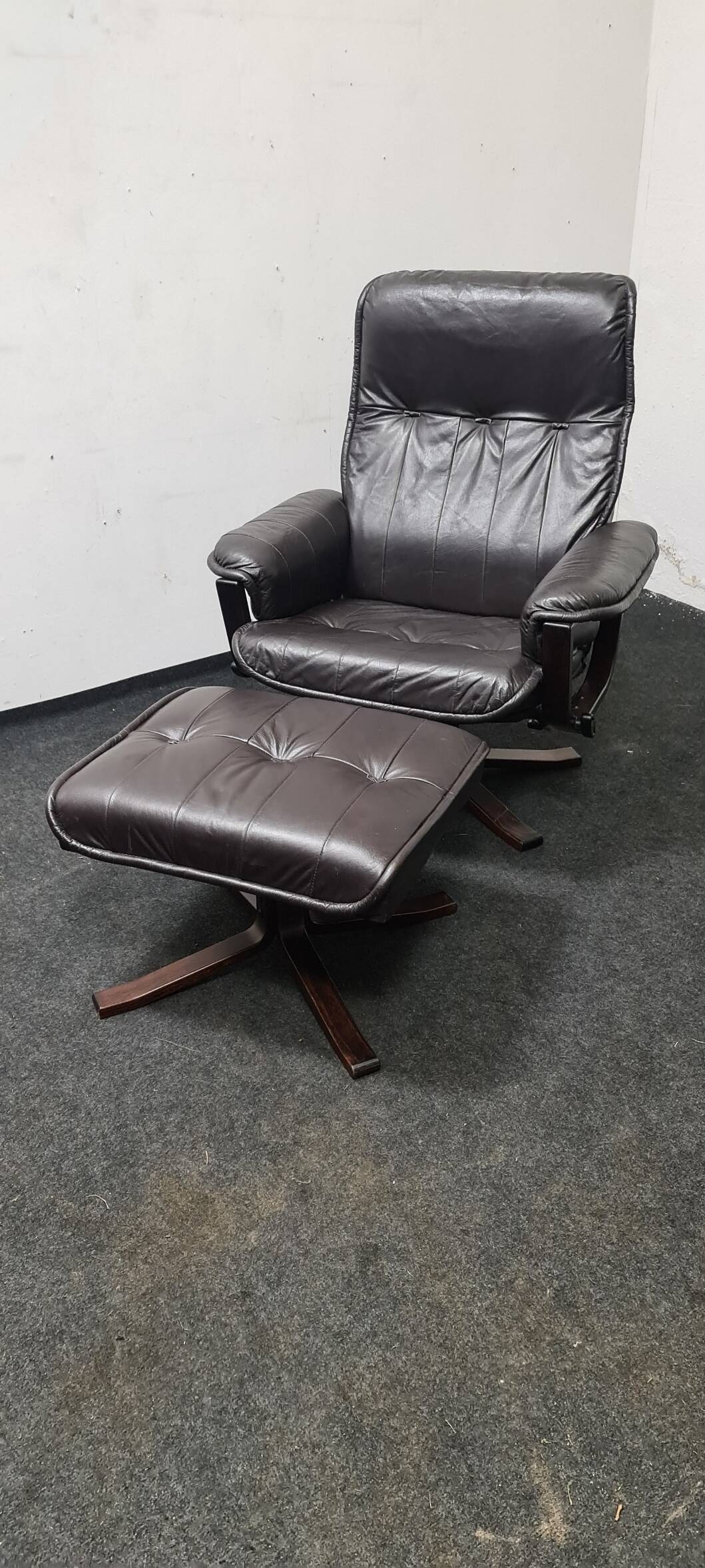 Vintage leather reclining swivel chair with foot stool