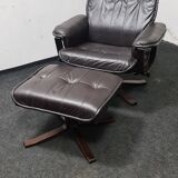 Vintage leather reclining swivel chair with foot stool