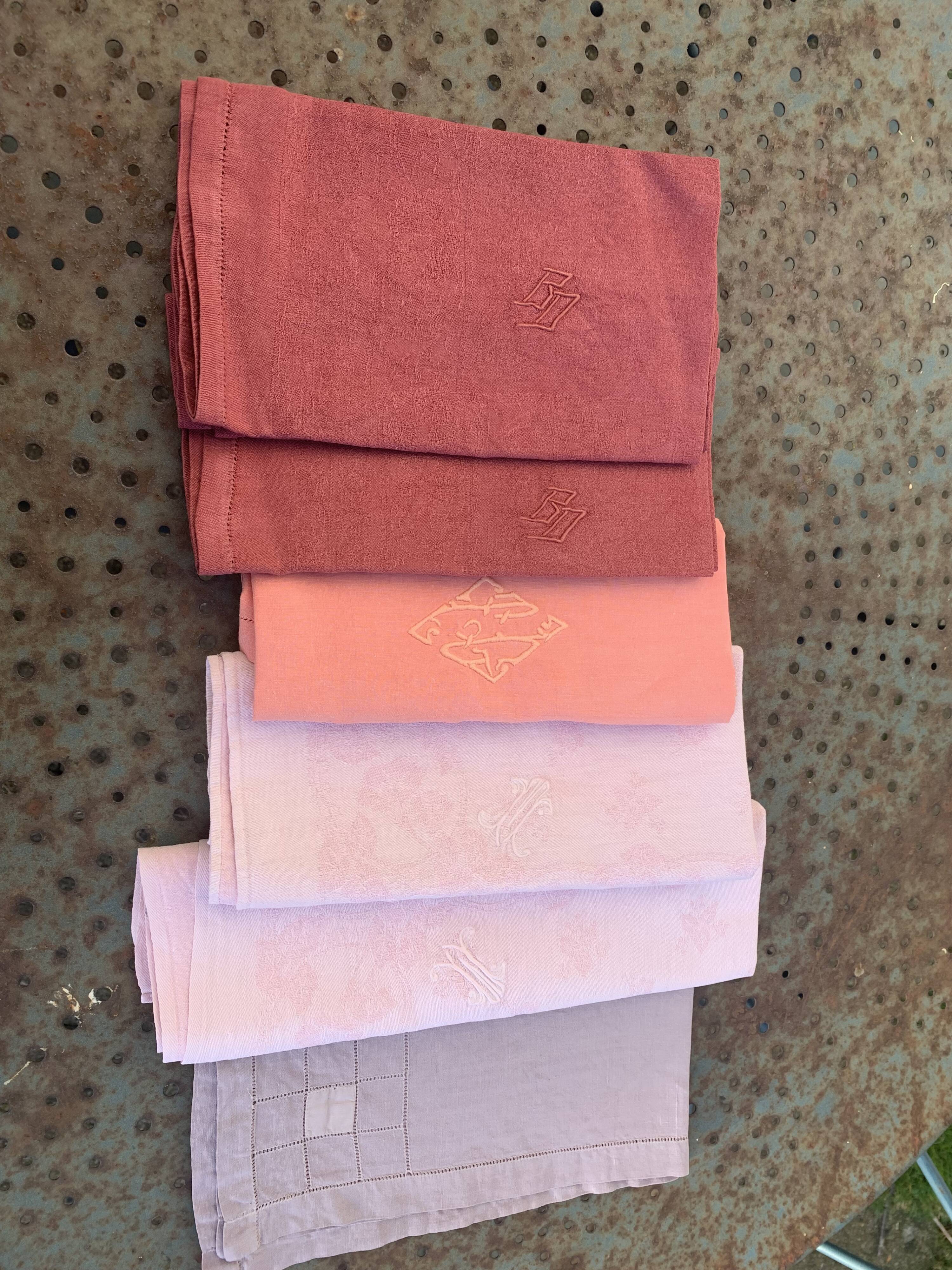 6 large dyed cotton napkins, shades of pink, embroidered and monograms, old, linen