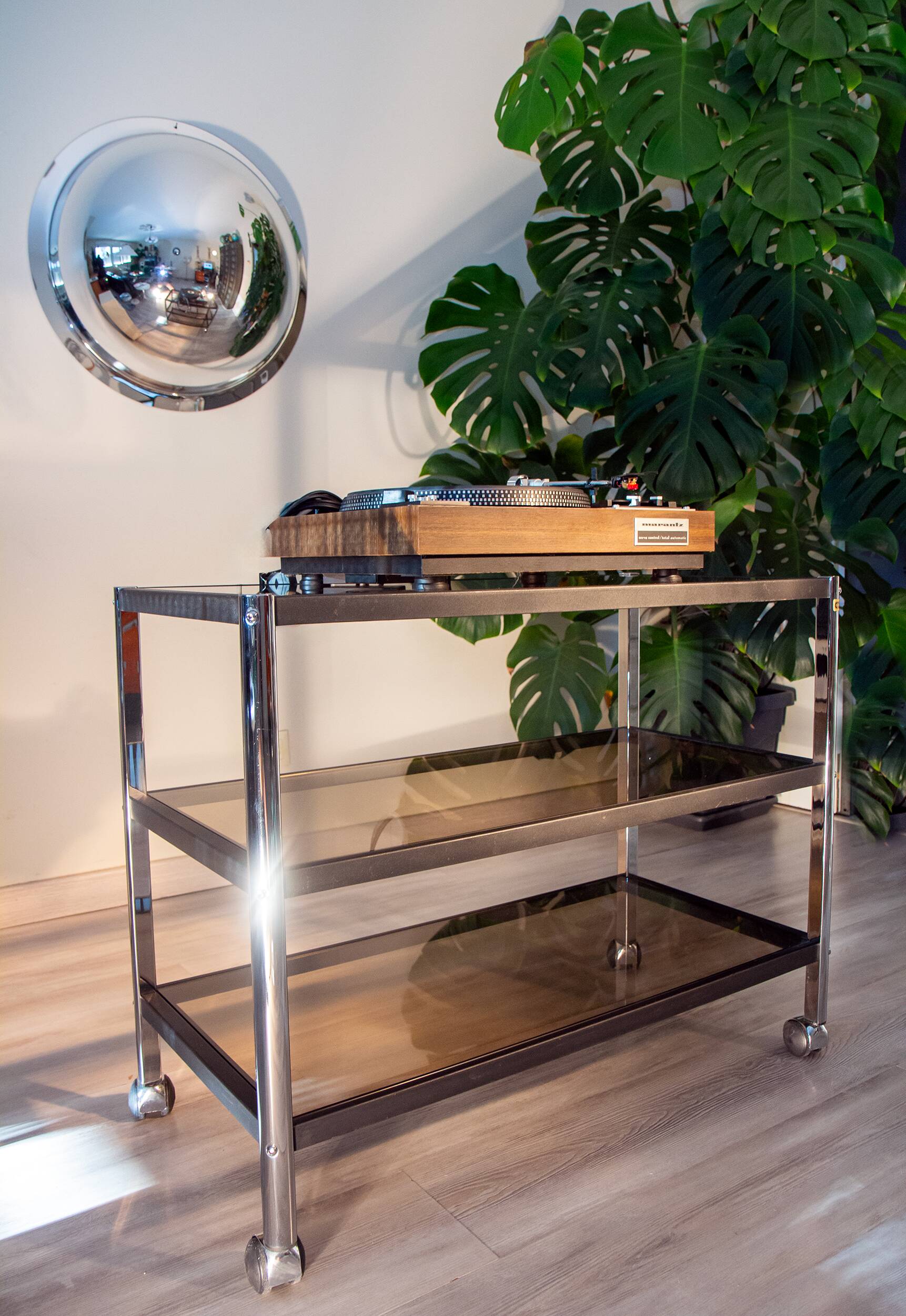 ERARD console (France), black metal and smoked glass side table, 1980.
