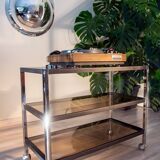 ERARD console (France), black metal and smoked glass side table, 1980.