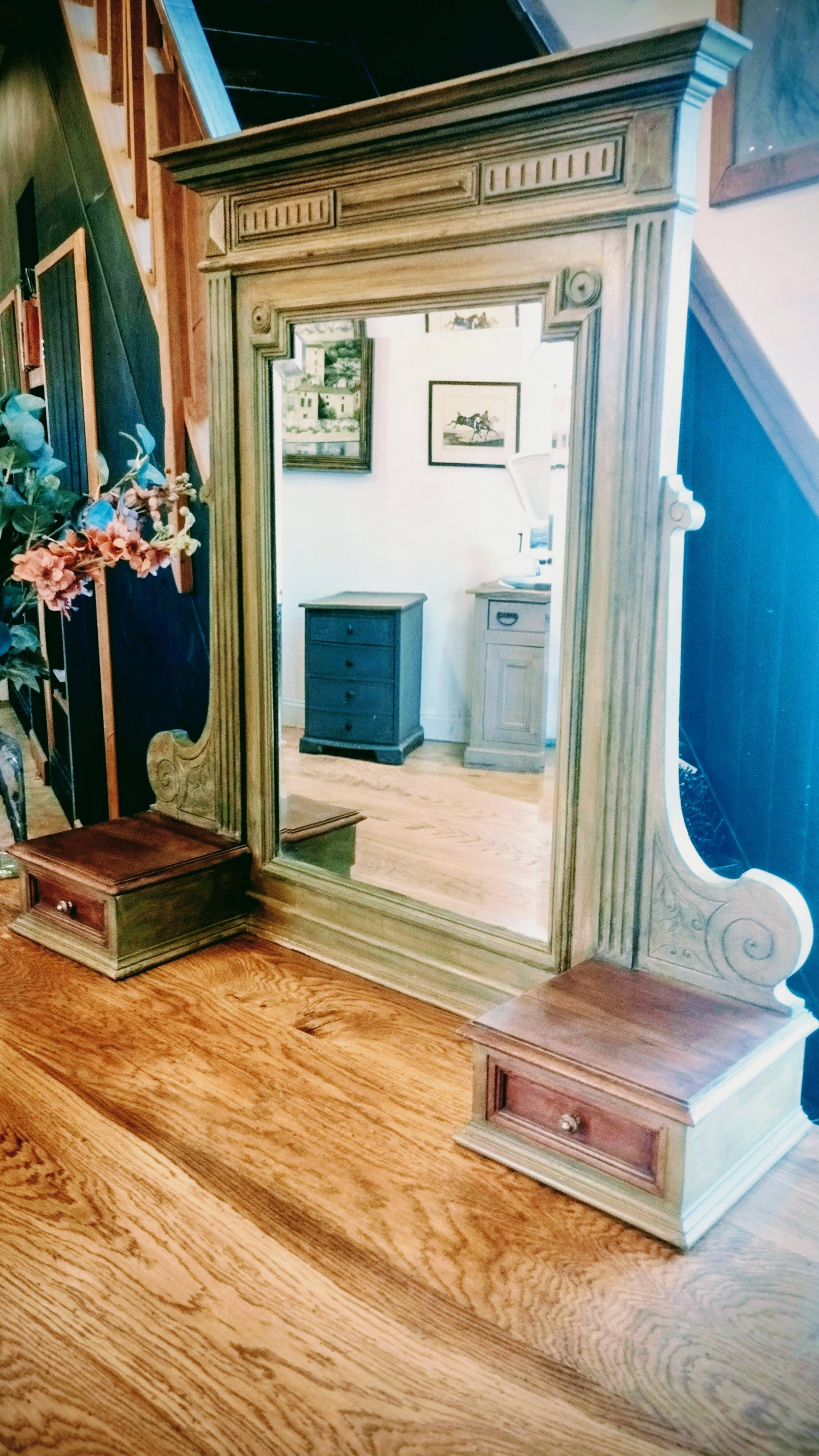 Antique bevelled mirror Farrow and Ball "Green Bancha"