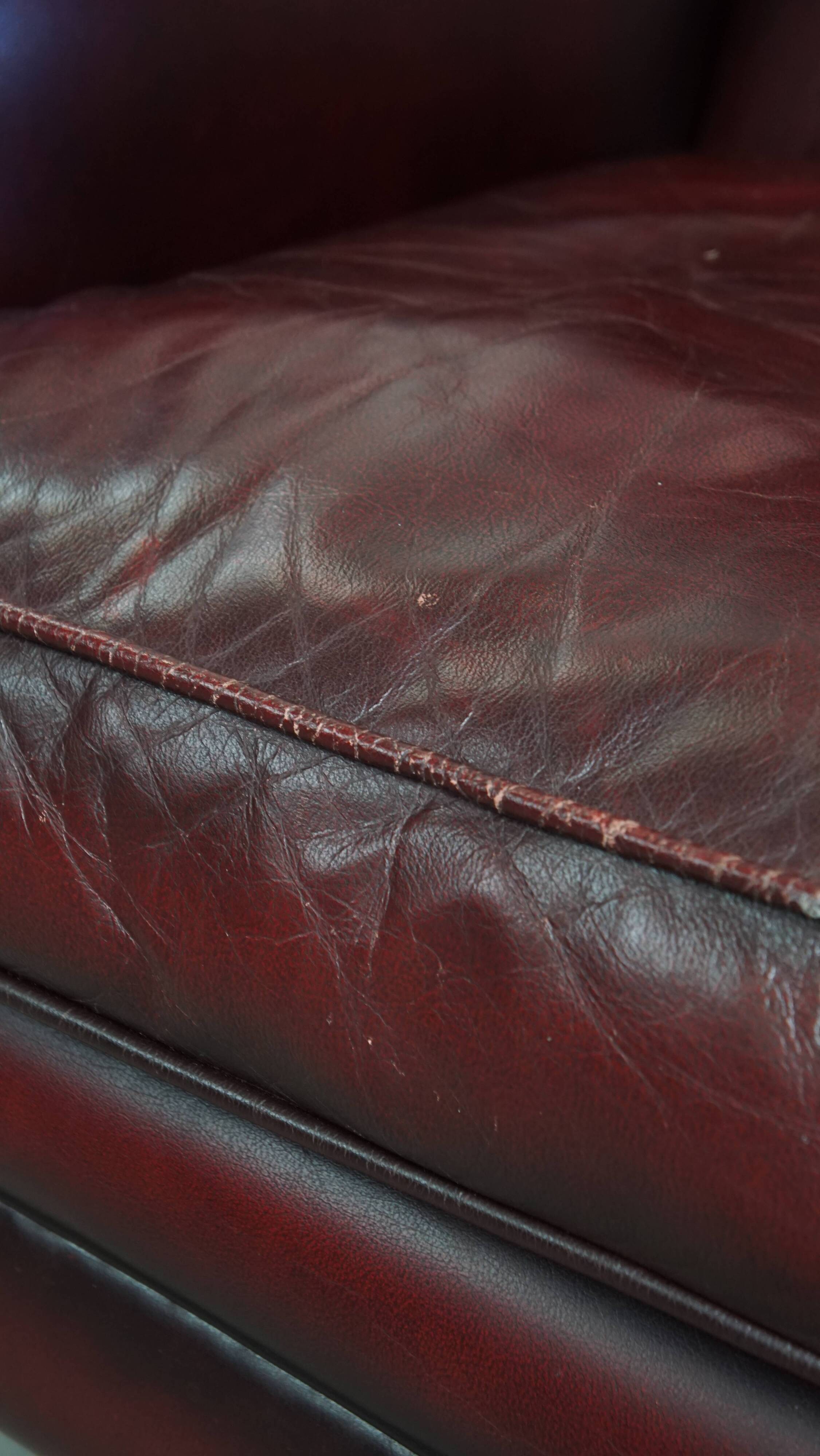 Bordeaux Red Cowhide Leather Wingback Chair in English Style