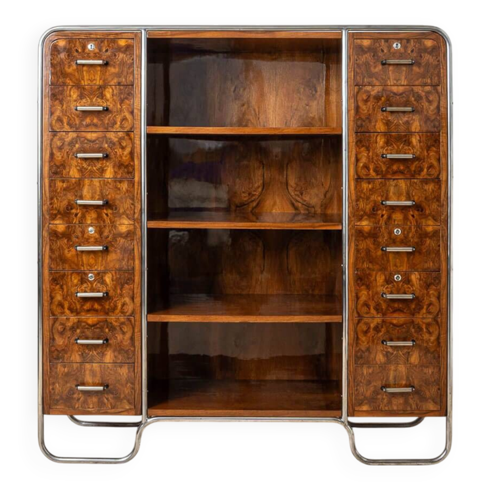 Bauhaus Era Bookcase, Tubular Steel Base, Walnut Veneer, 1930s