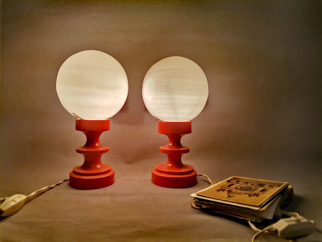 Pair orange painted wood opaline glass tabel lamps