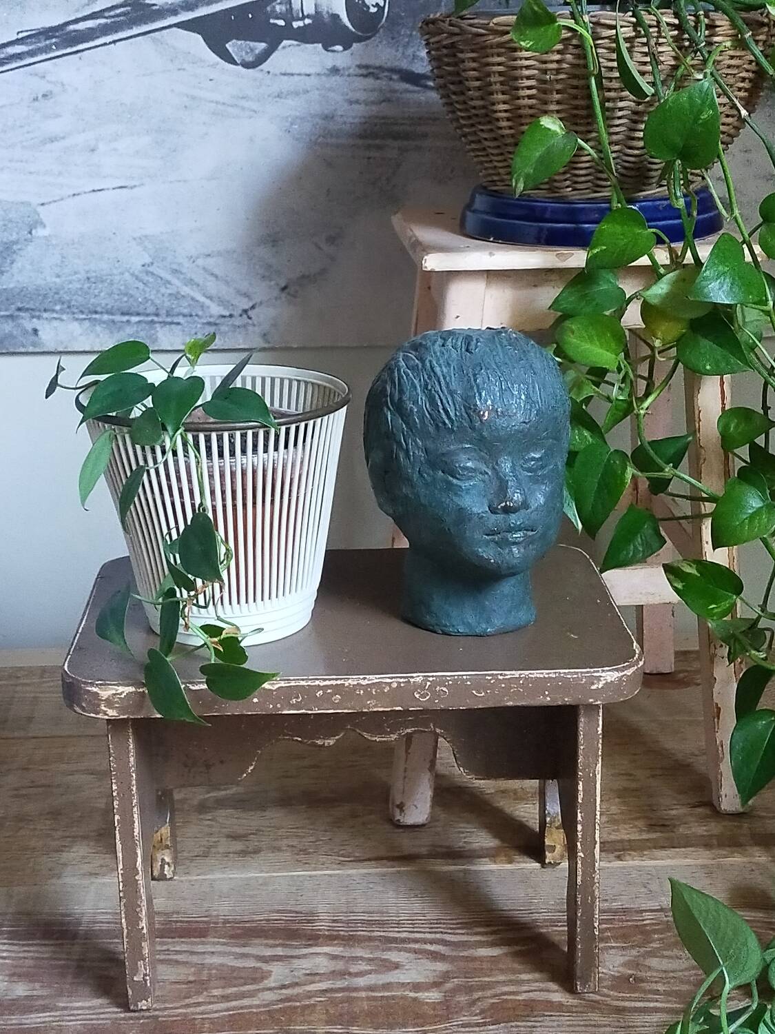 Mini-bench stool in old patinated solid wood